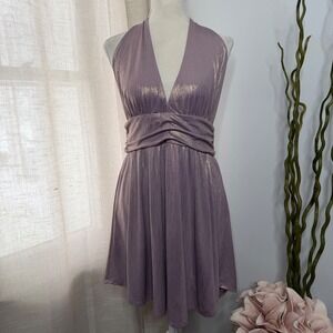 Wild Fable Halter Dress Plunge Neck Skater Open Back Purple Metallic Gold Medium
